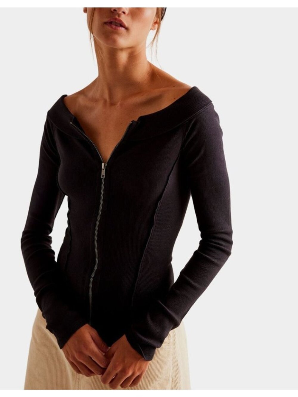 We The Free People Eye Candy Long Sleeve Zipper Top in Black Size XS